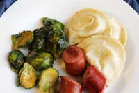 One Pan Kielbasa Pierogi and Brussels Sprout Bake
