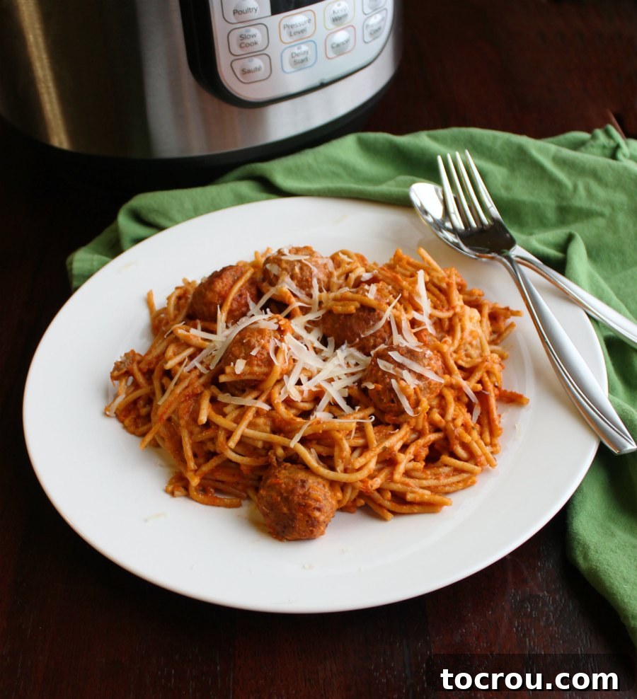 Instant Pot Magic: Creamy One-Pot Meatball Spaghetti 5 A freshly prepared plate of spaghetti and meatballs, with the Instant Pot that cooked it still visible in the background, ready to be enjoyed.