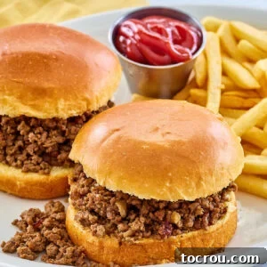 Maid rite sandwiches on plate with fries and ketchup.