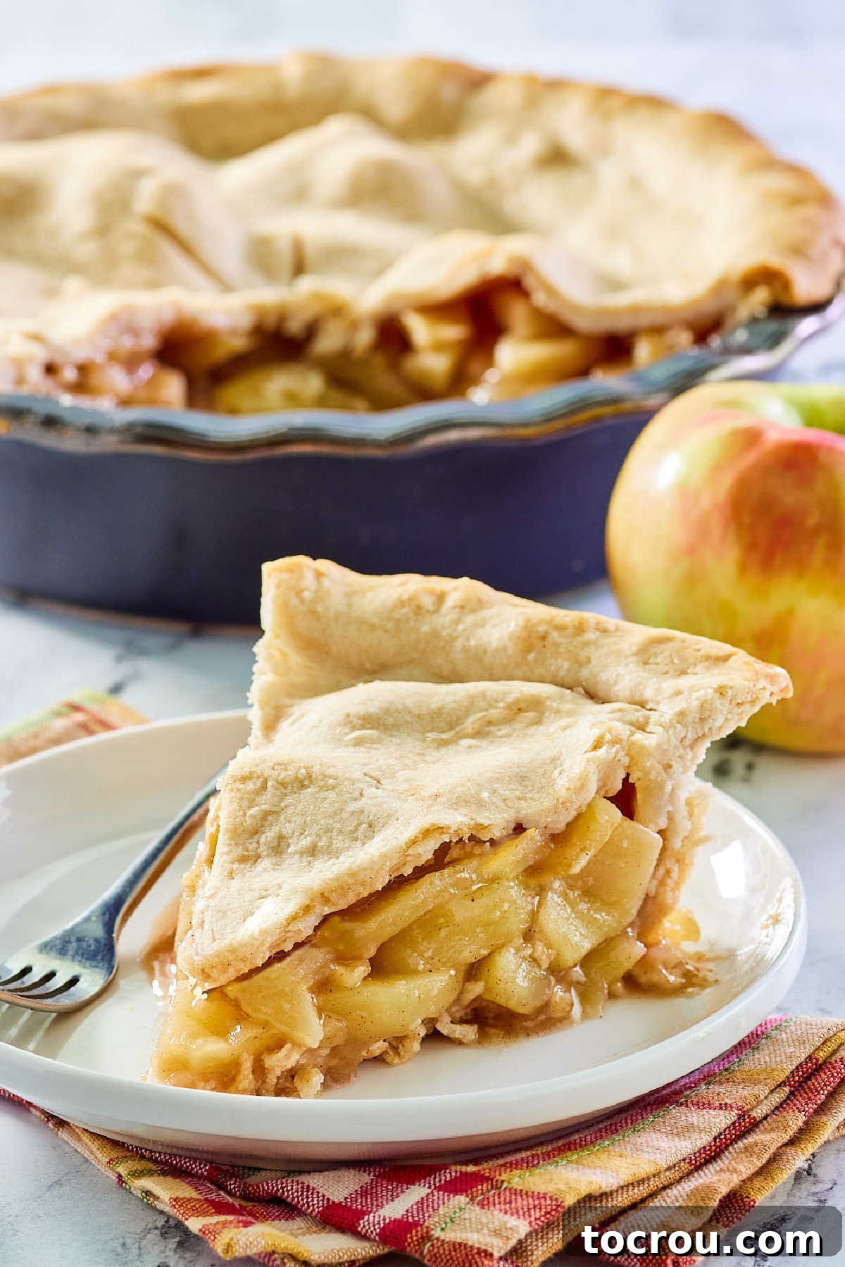 A beautifully presented slice of old-fashioned apple pie, garnished with a hint of orange zest, suggesting its unique ingredient.