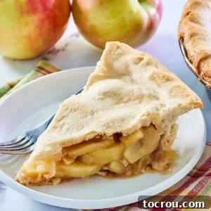 Piece of old fashioned apple pie with lots of tender cinnamon spiced apple slices and tender pie crust on top.