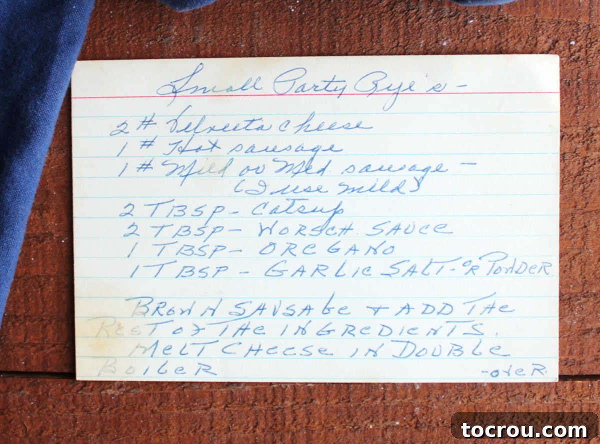 Rye Pizza Party Bites 5 Grandma's hand-written recipe card for small party ryes, showing the original charm of the recipe.