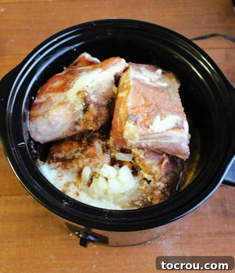 Luau Slow Cooker Pulled Pork 2 Slow cooker filled with hunks of browned pork shoulder, pineapple, and spices, ready for cooking.