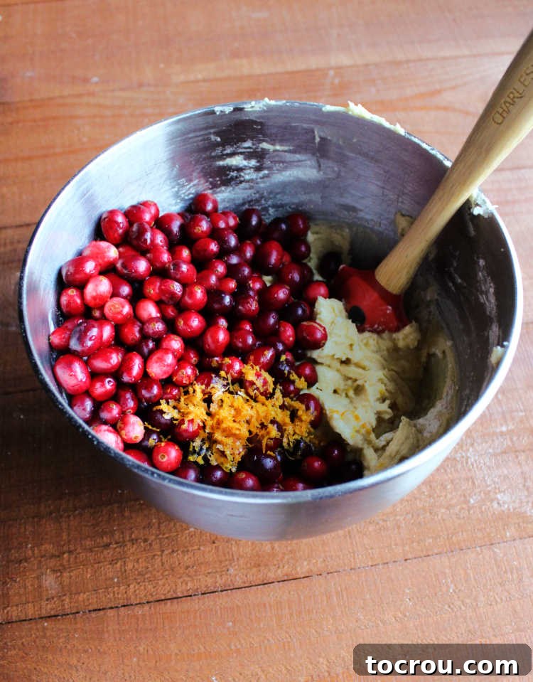 Cranberry Cake Batter with Zest A mixing bowl filled with light, airy cake batter, fresh cranberries, and bright orange zest, ready for the final blend.