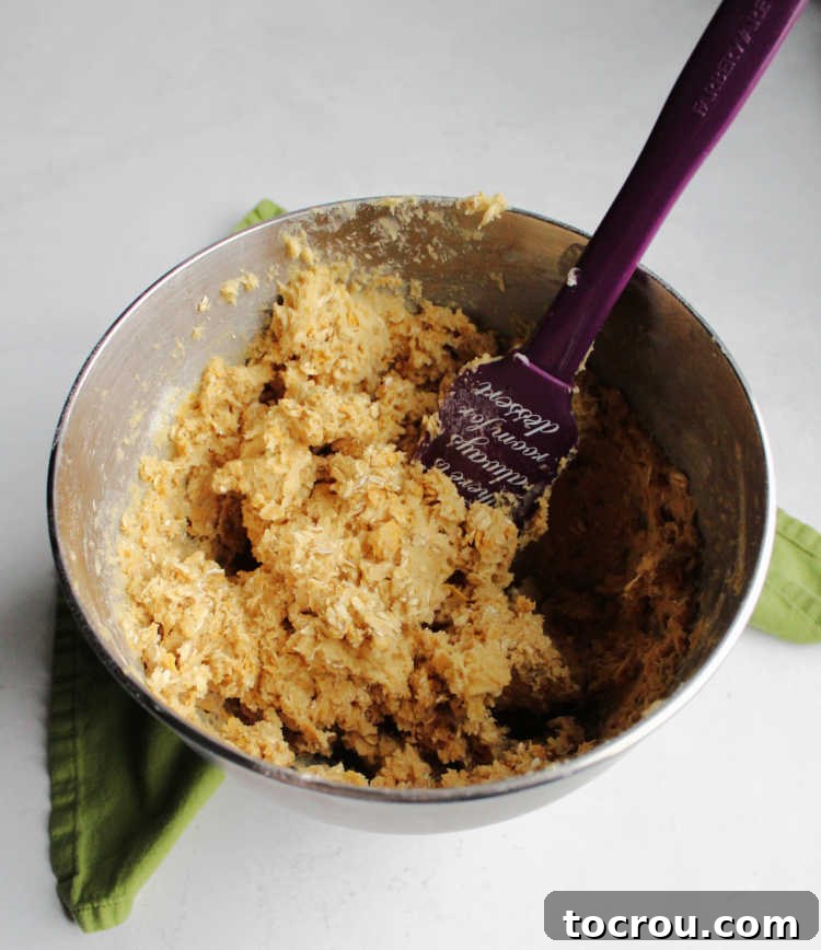 A mixer bowl brimming with freshly prepared peppermint oatmeal cookie dough, ready to be transformed into delicious Frostbite cookies.