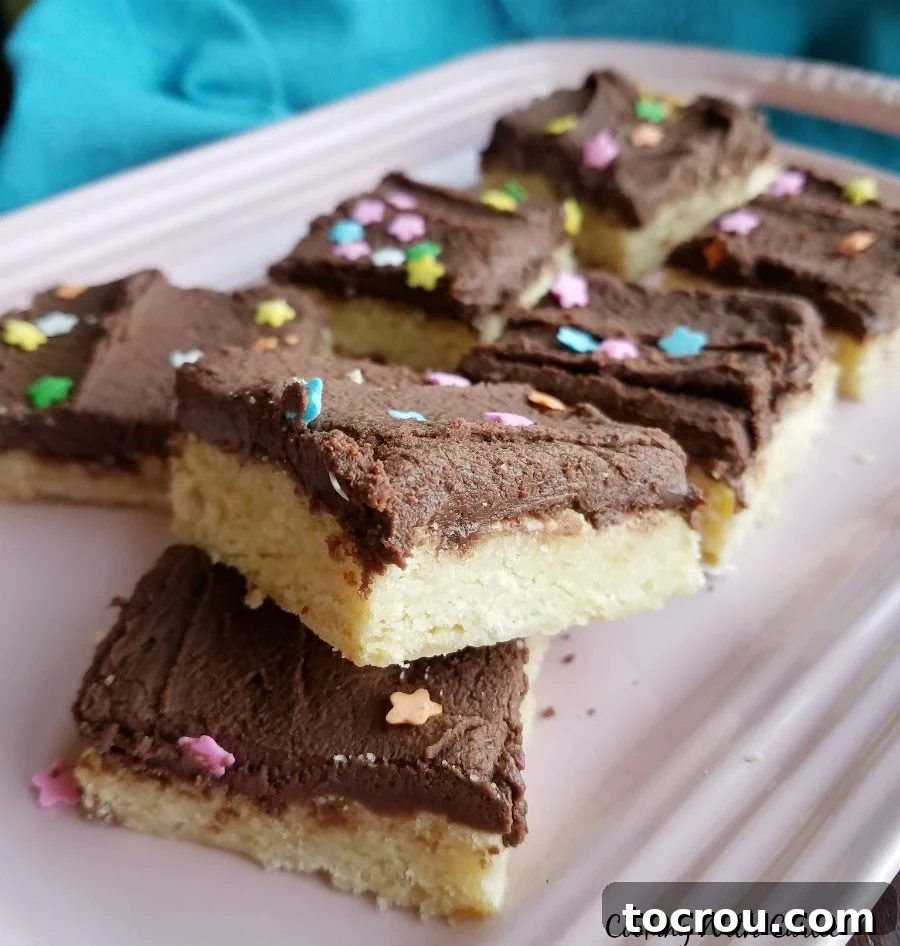 Soft sugar cookie bars with chocolate buttercream and colorful sprinkles arranged on a pink platter.