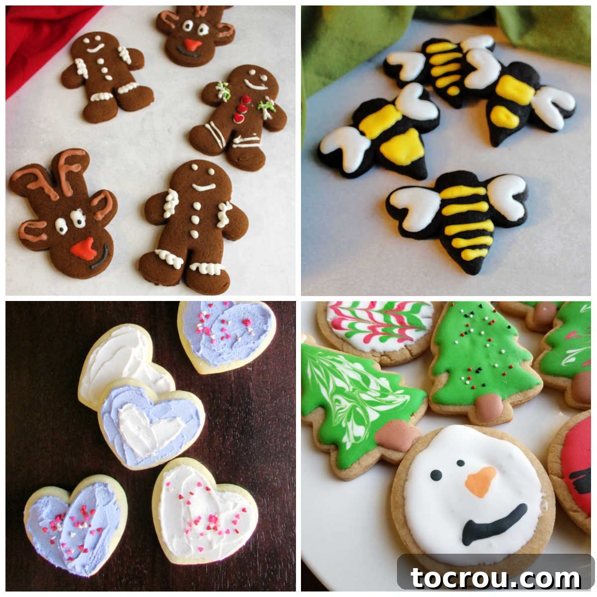 Creative Cut-Out Cookie Ideas A vibrant collage of various decorated cut-out cookies, showcasing different shapes, colors, and frosting styles, including hearts, stars, and intricate patterns.