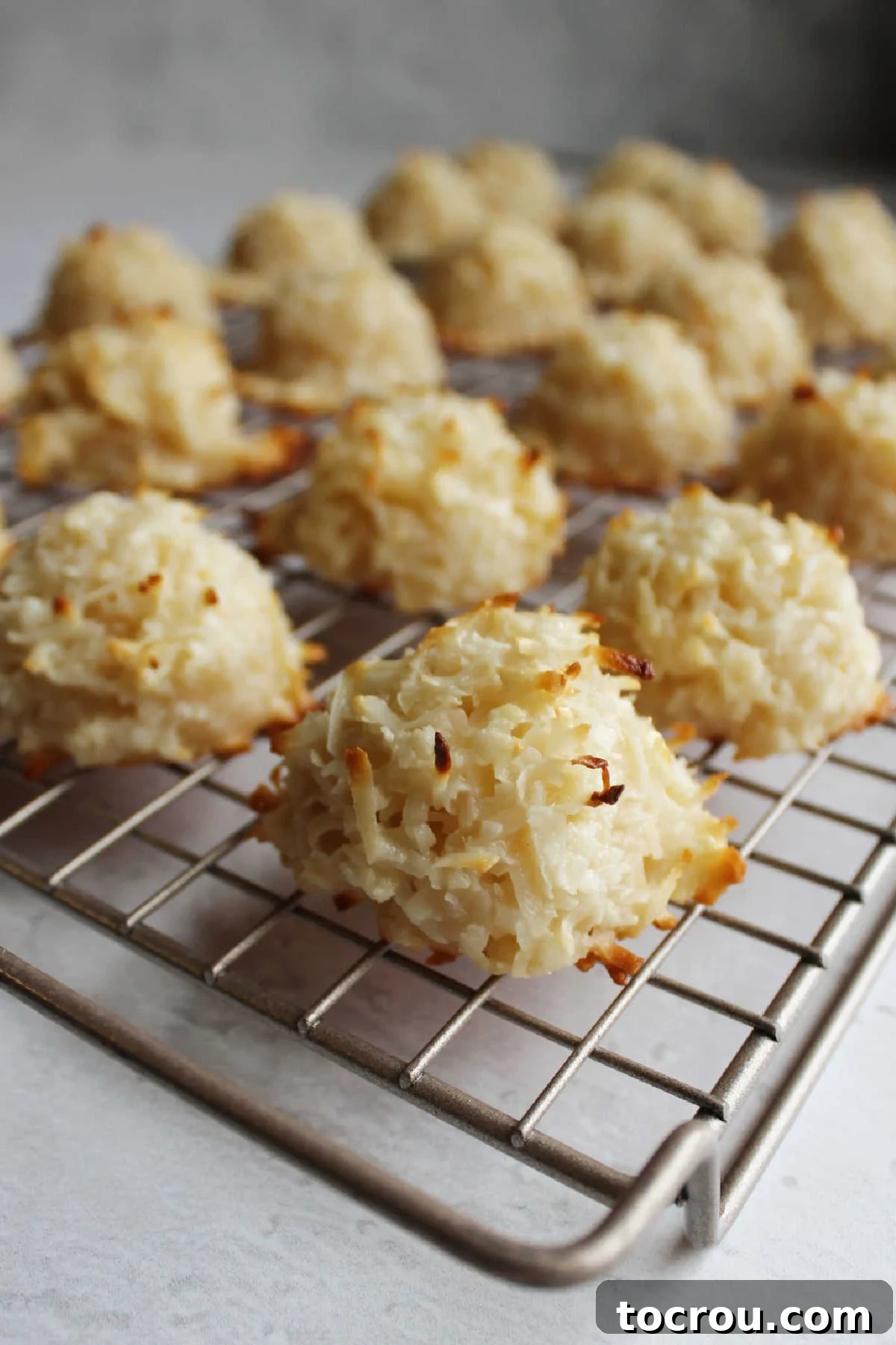 Irresistible Condensed Milk Coconut Bites 6 condensed milk macaroons cooling on wire rack.