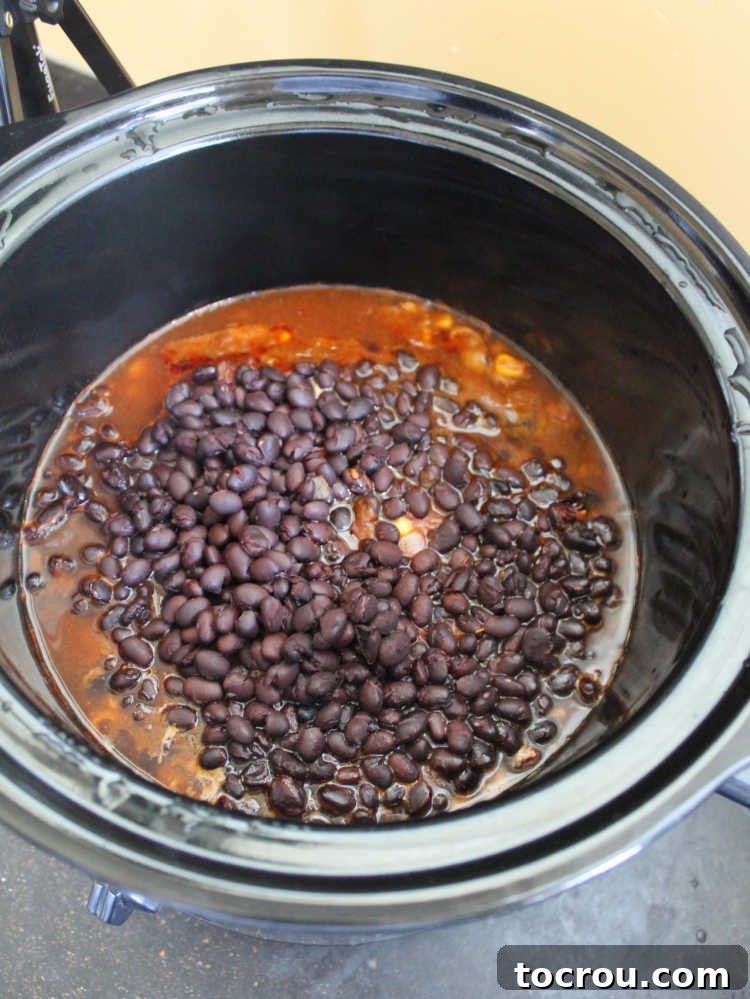 Slow cooker filled with uncooked salsa chicken ingredients, including chicken breasts, black beans, corn, and salsa, ready to begin the cooking process.