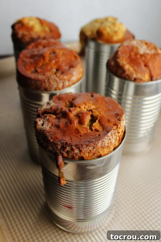Date nut bread in cans, fresh and golden brown, just out of the oven, exuding warmth and delicious aroma.