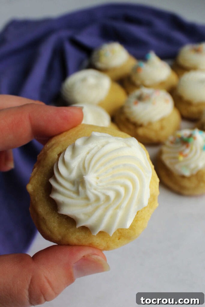 Hand Holding a Delicious Frosted Sour Cream Cookie A hand gently holding a freshly baked sour cream sugar cookie, perfectly frosted and ready to enjoy.