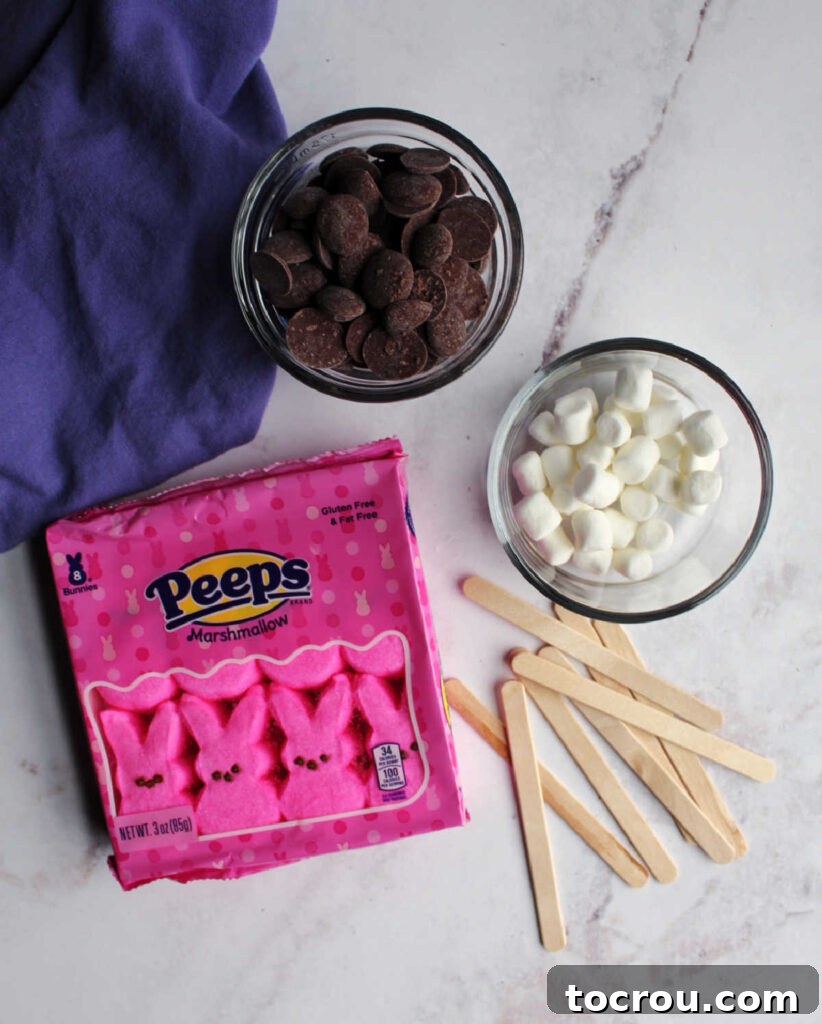 package of bunny Peeps, popsicle sticks, bowl of chocolate and mini marshmallows ready to be assembled.