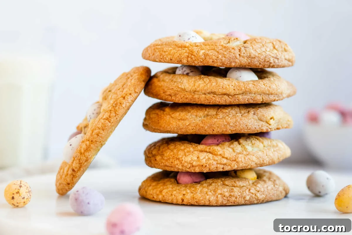 A delectable stack of golden brown Cadbury Mini Egg cookies, showing off their pastel chocolate adornments, next to a refreshing glass of milk.