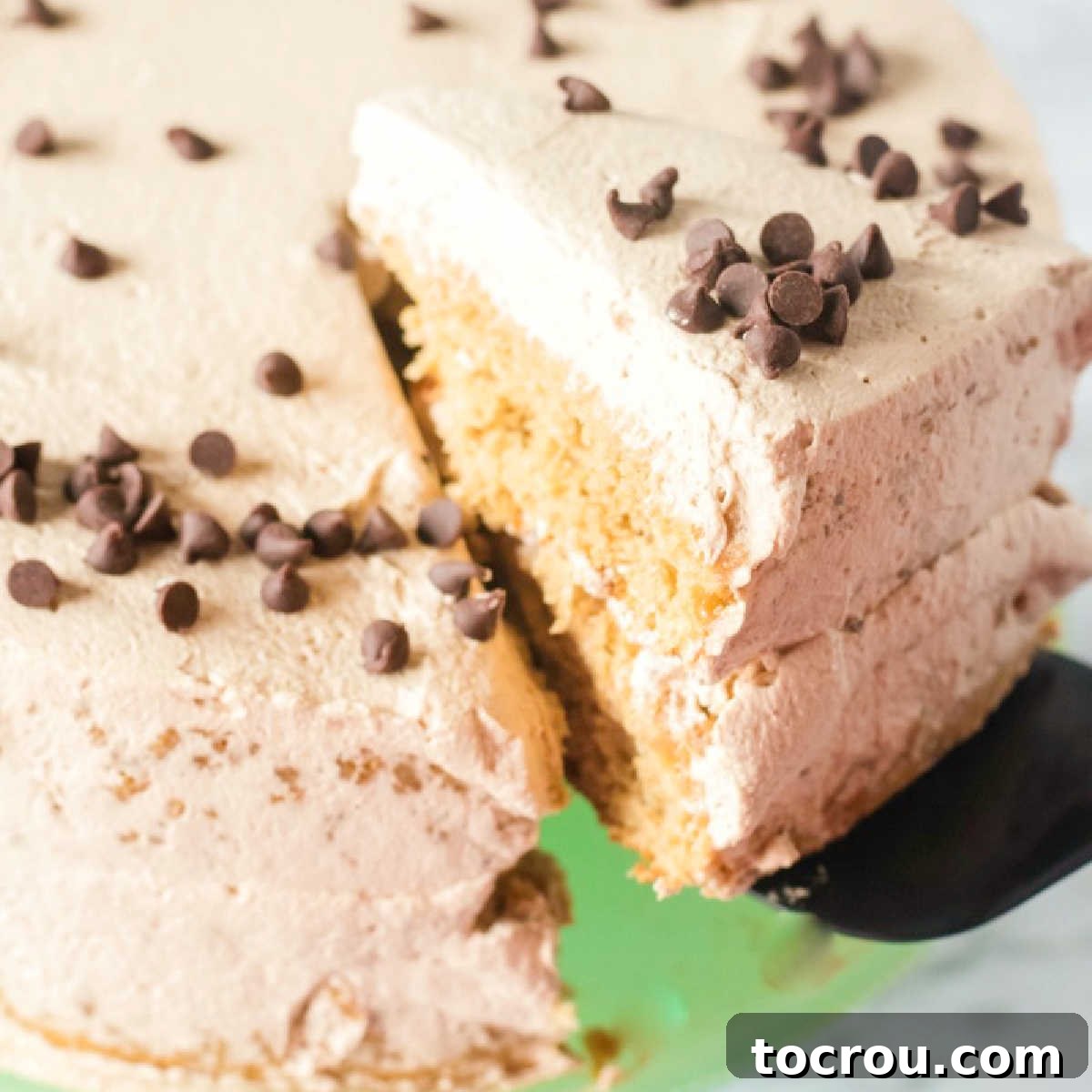 cake coated in mocha whipped cream first slice of coffee and cream sponge cake being removed from cake.