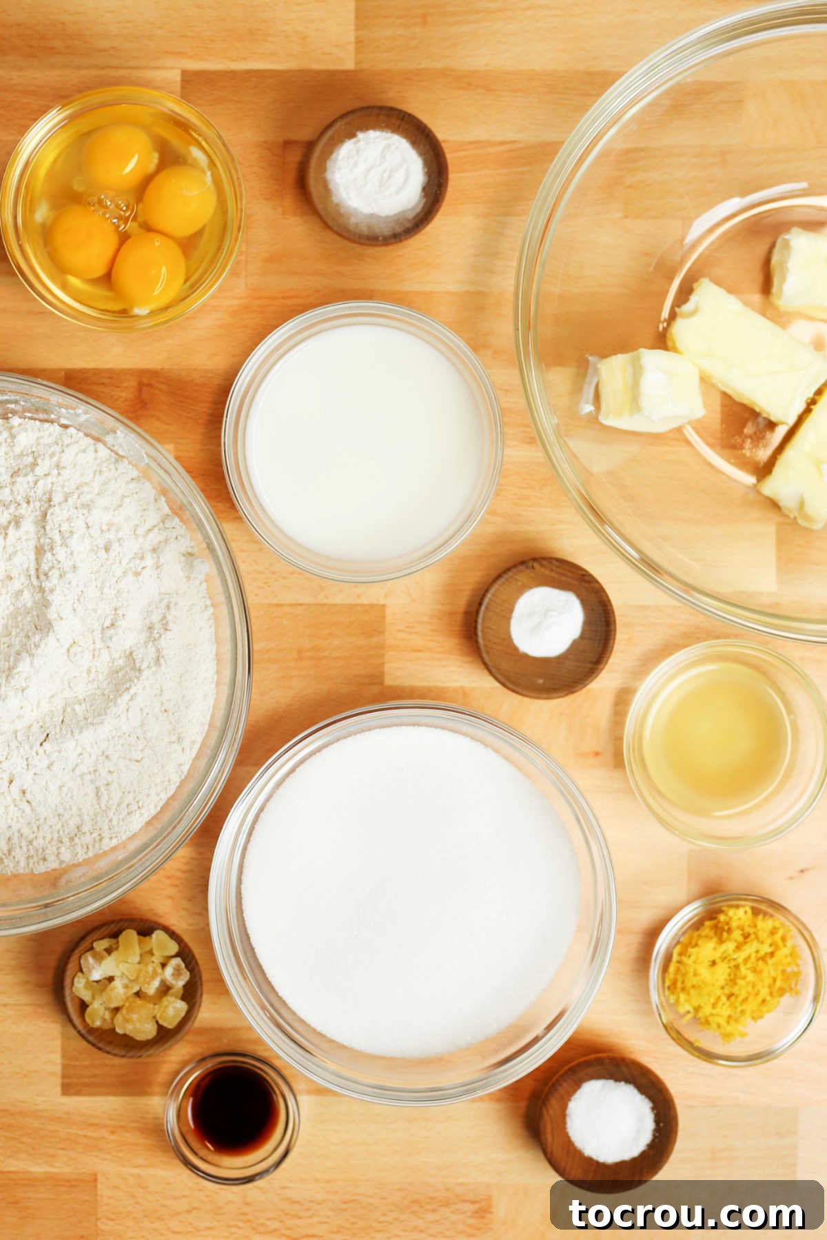 Sun-Kissed Lemon Bundt with Ginger Drizzle 3 Lemon Bundt cake ingredients laid out, ready for baking.