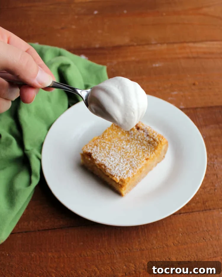 Ooey Gooey Pumpkin Butter Cake 11 A hand carefully holds a spoonful of freshly made whipped cream, ready to adorn a warm pumpkin bar, promising a delightful blend of textures and flavors.