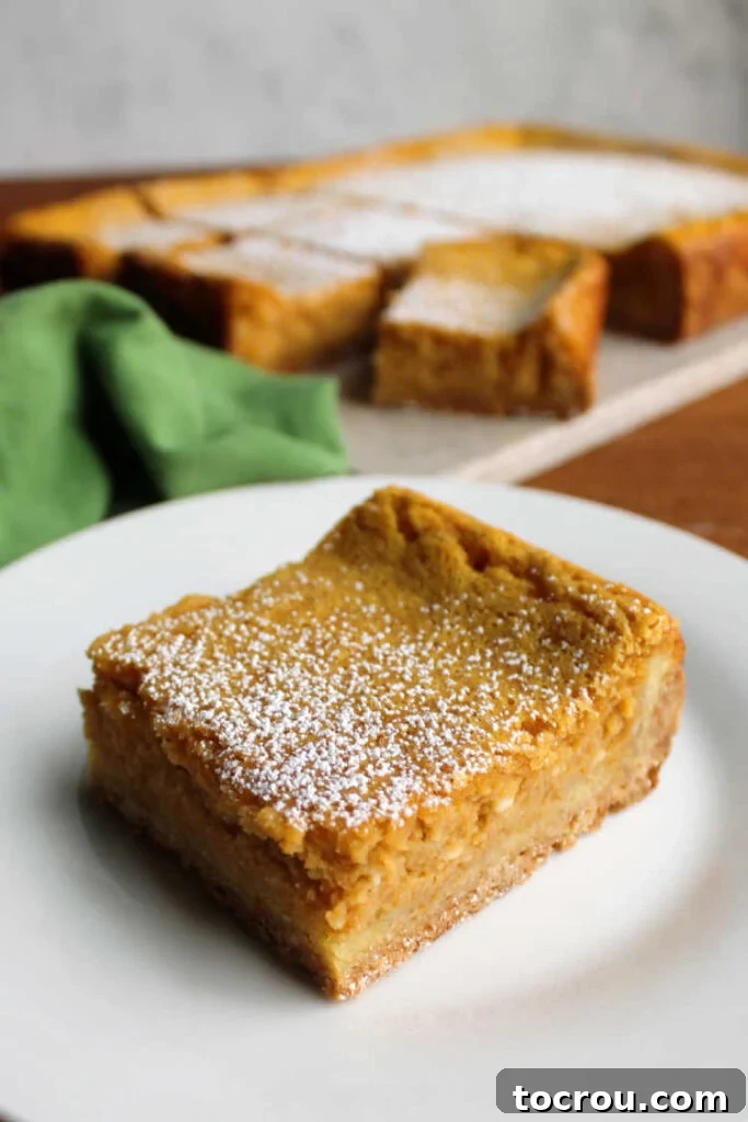 Ooey Gooey Pumpkin Butter Cake 10 A beautifully presented pumpkin gooey butter cake bar on a plate, lightly dusted with powdered sugar, inviting a taste of its fall-inspired sweetness.