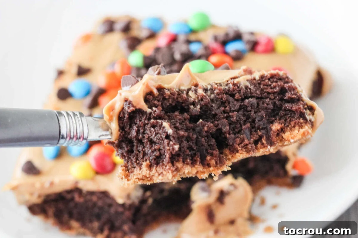 Triple Layer Peanut Butter Graham Brownies 2 Bite of layered monster brownies with graham cracker crust, peanut butter topping and M&Ms, ready to eat.