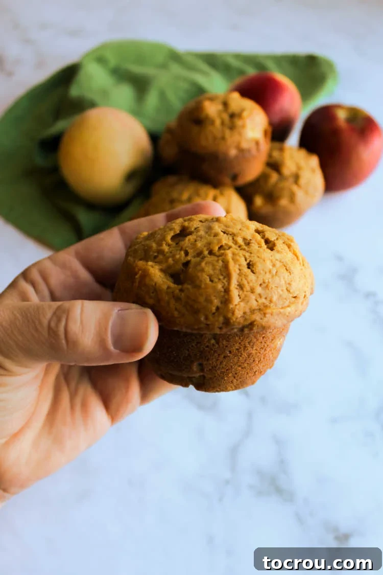 hand holding freshly baked pumpkin apple muffin.