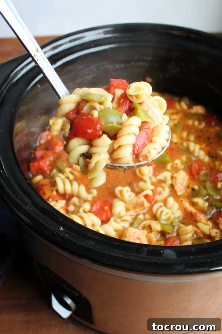 Cooking Slow Cooker Chicken Soup A ladle expertly lifting a portion of Italian chicken and tomato soup from a slow cooker, showcasing its rich texture and ingredients.