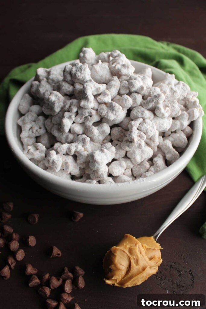 Close-up of Puppy Chow Popcorn Looking across bowl of muddy buddies popcorn, showcasing the powdered sugar coating.