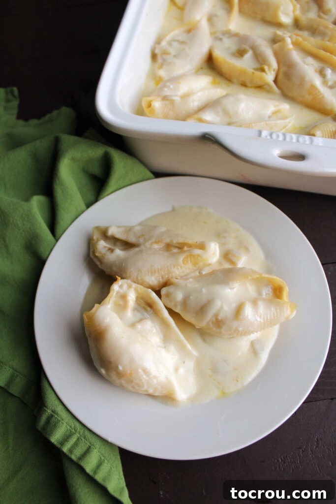 A single plate of creamy chicken enchilada stuffed shells, topped with a flavorful white sour cream and cheese sauce, garnished for serving.