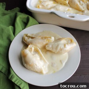 Cheesy chicken enchilada stuffed shells with sour cream chili sauce.