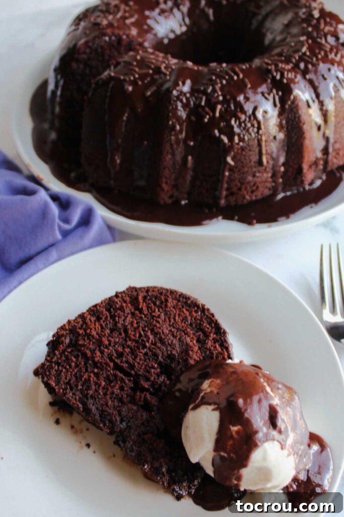 Chocolate bundt cake slice on plate with scoop of ice cream and fudge sauce.