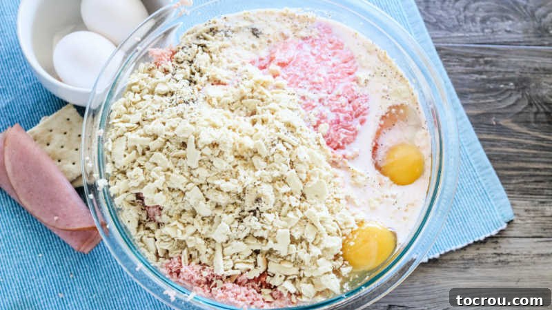 Ingredients for ham balls meticulously arranged in a mixing bowl, ready for combining.