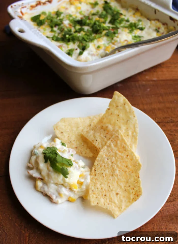Ultimate Cheesy Corn Dip 4 A small plate with a serving of spicy kickin' corn dip, garnished with fresh herbs, accompanied by crispy tortilla chips, ready for a delicious snack.