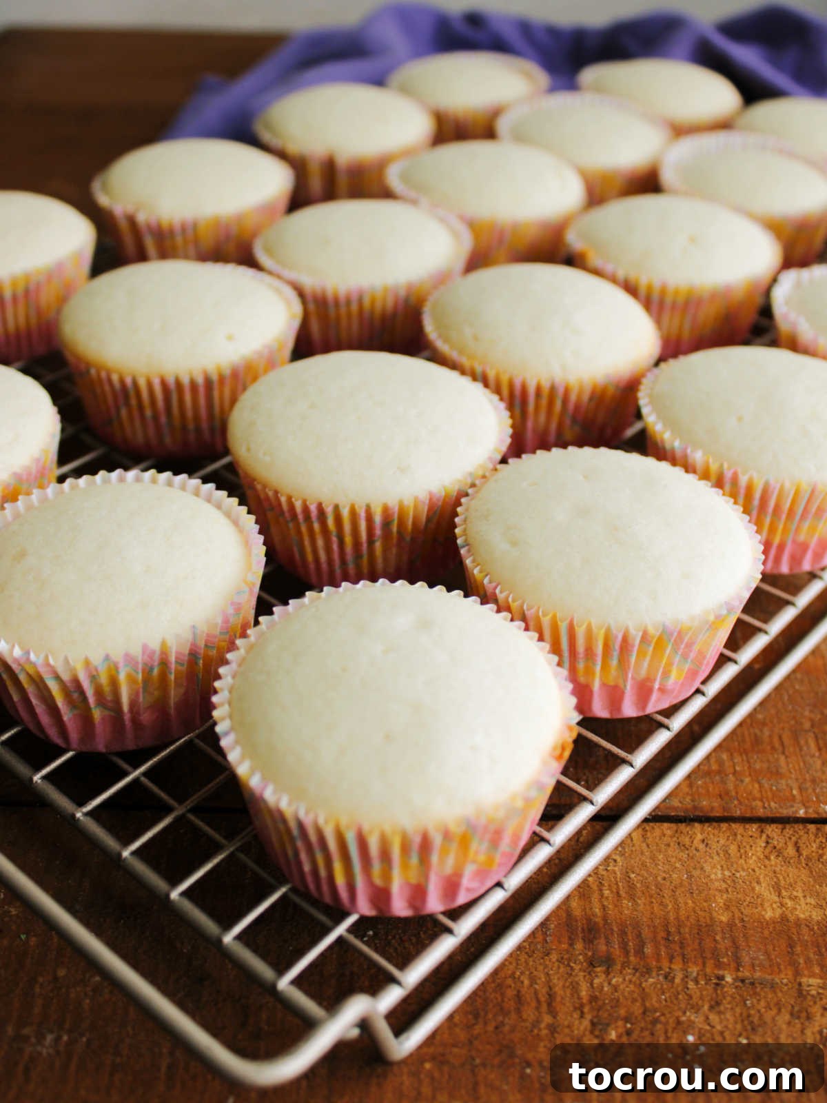 Semi-homemade white cupcakes cooling on a wire rack, displaying their beautifully pale and fluffy tops. Batch of semi-homemade white cupcakes cooling on wire rack, showing fluffy texture and pale white tops.