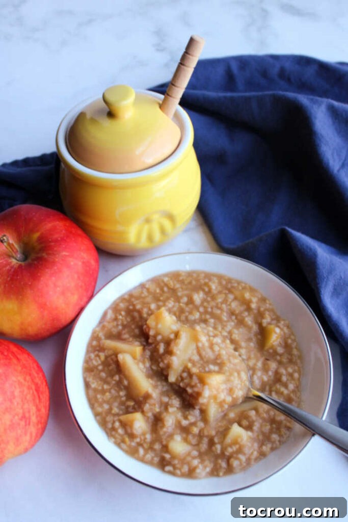 Apple Cinnamon Steel Cut Oats 3 Steel cut oats with lots of apple and cinnamon next to honey jar and apples.