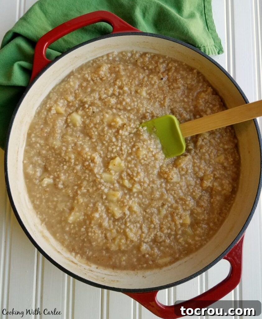 Apple Cinnamon Steel Cut Oats 4 Enameled dutch oven filled with apple steel cut oats and spatula.