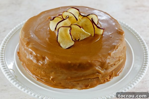 Wholesome Oven-Baked Apple Crisps 3 Caramel frosted cake adorned with a topping of crispy apple chips, adding texture and autumnal flavor.