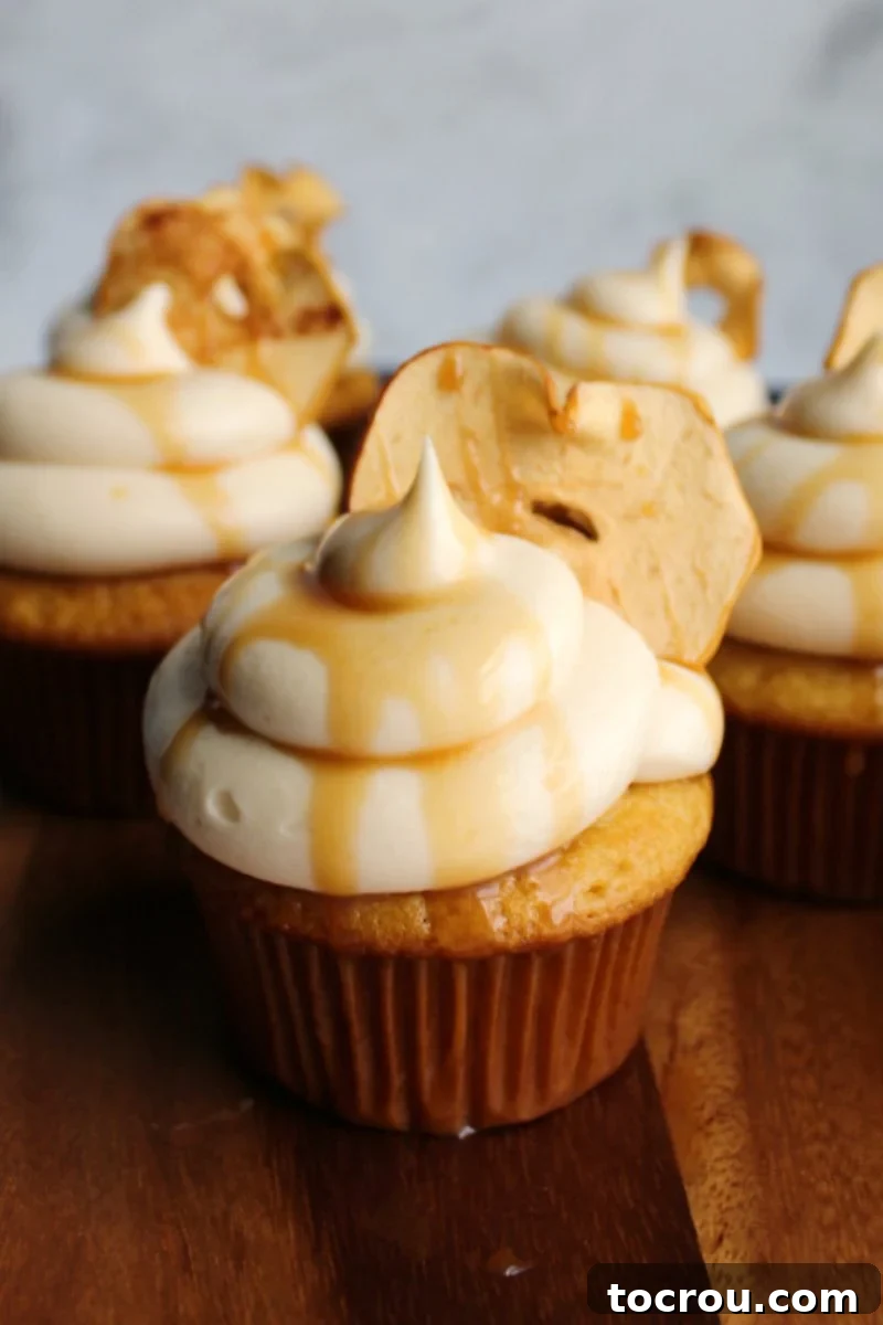 Wholesome Oven-Baked Apple Crisps 7 Apple cupcakes with caramel frosting and apple chip garnish