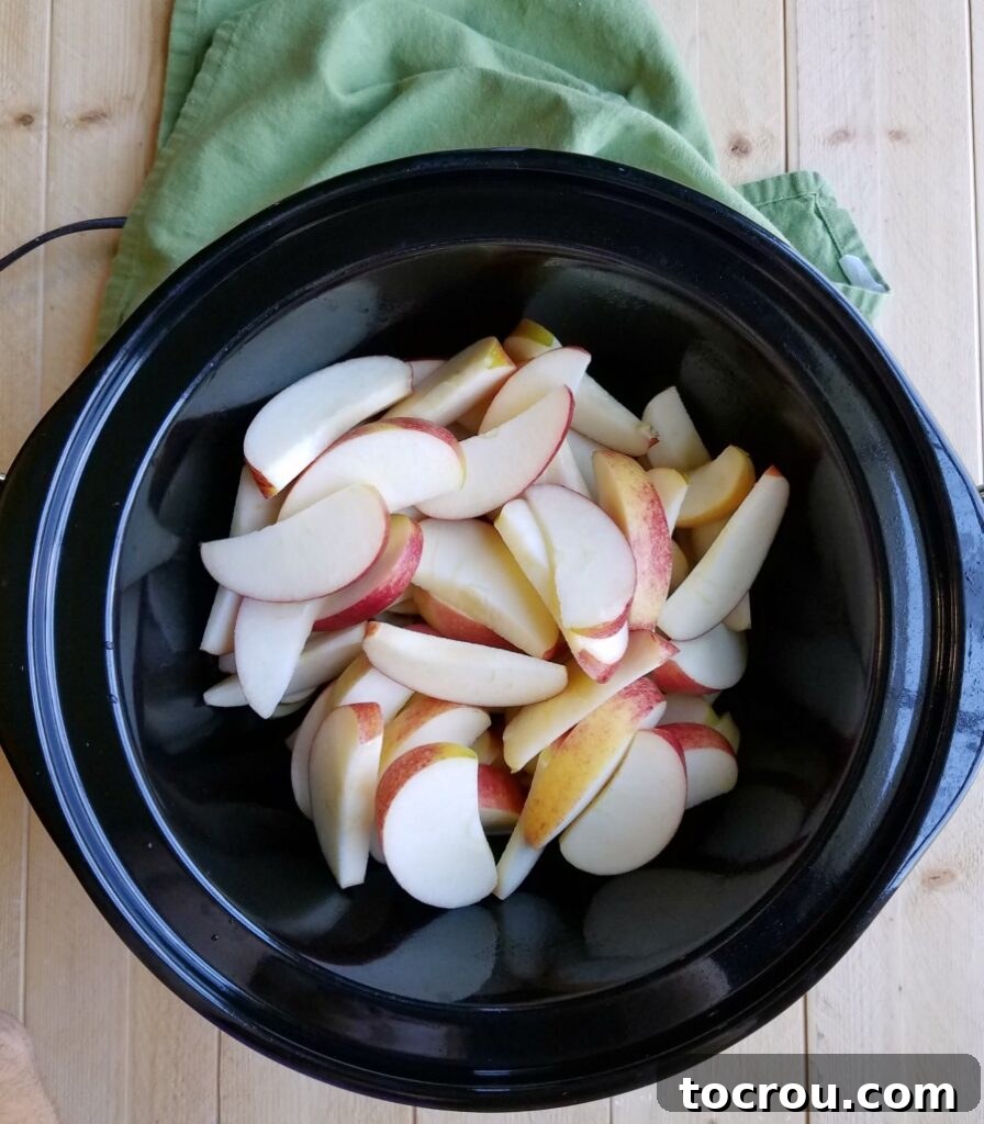 Warm Cinnamon Apple Delight 3 slices of apple in slow cooker crock.