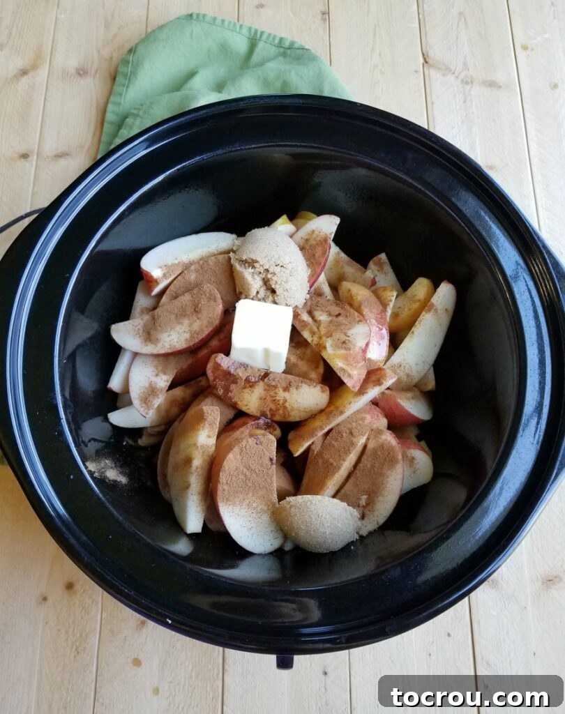 Warm Cinnamon Apple Delight 4 apples with cinnamon and butter in slow cooker.