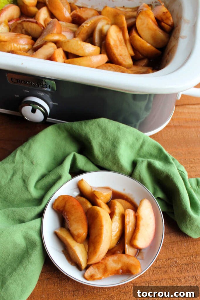 Warm Cinnamon Apple Delight 6 slow cooker filled with cooked apple slices with some served.