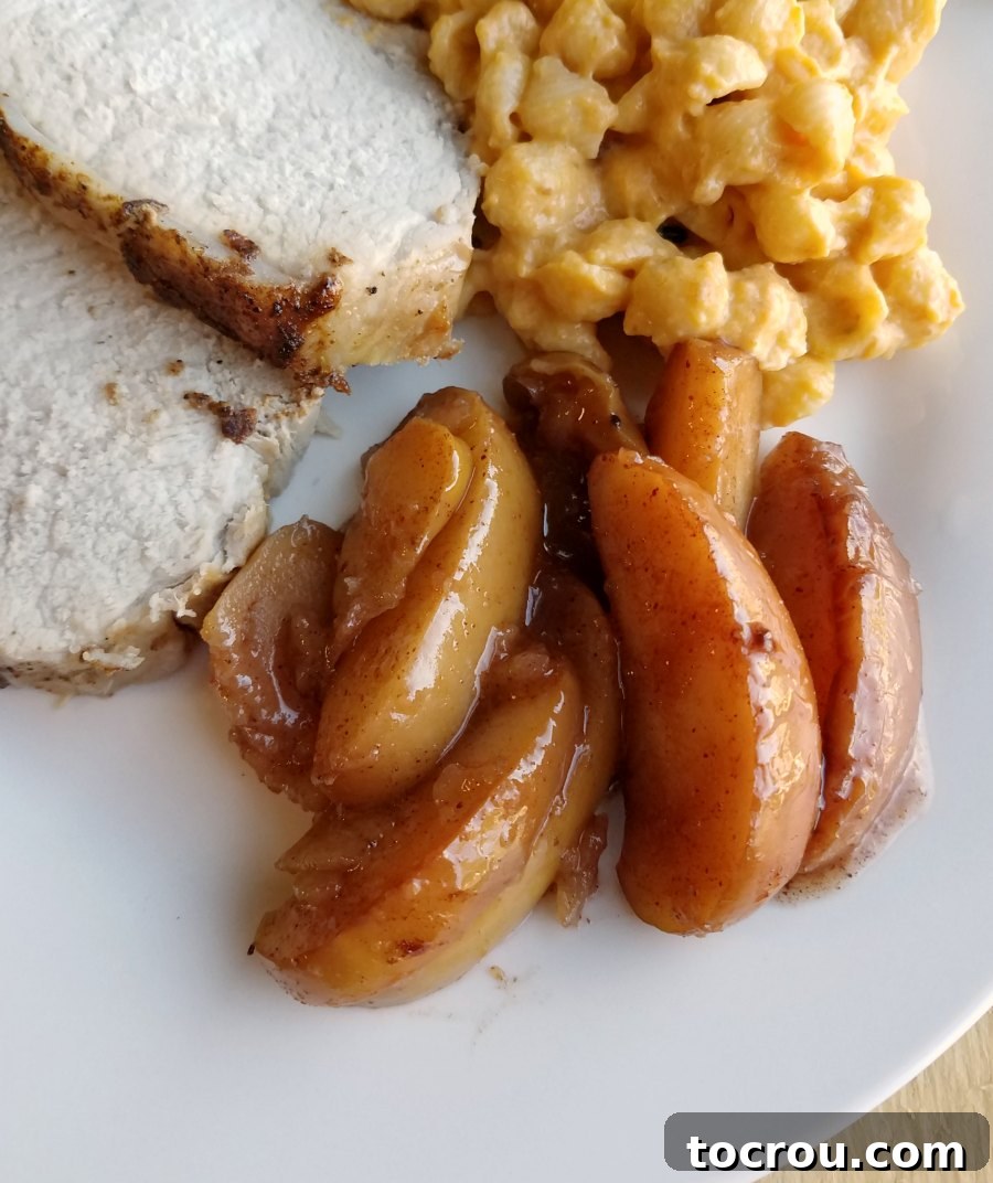 Warm Cinnamon Apple Delight 7 Sliced cinnamon apples on dinner plate with slices of pork loin and macaroni and cheese, ready to eat.