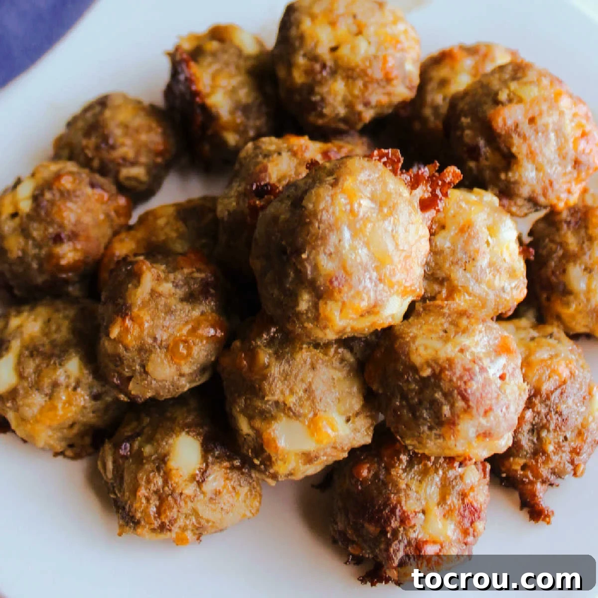 A vibrant pile of golden-brown breakfast meatballs, garnished with fresh parsley, served on a white plate, ready to be enjoyed as a hearty and delicious meal.