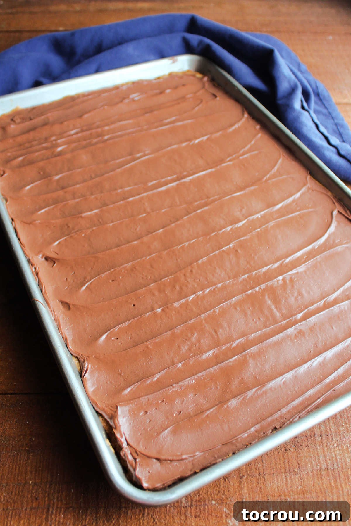 A glistening layer of melted chocolate covering the entire surface of warm, baked toffee bars in a pan.