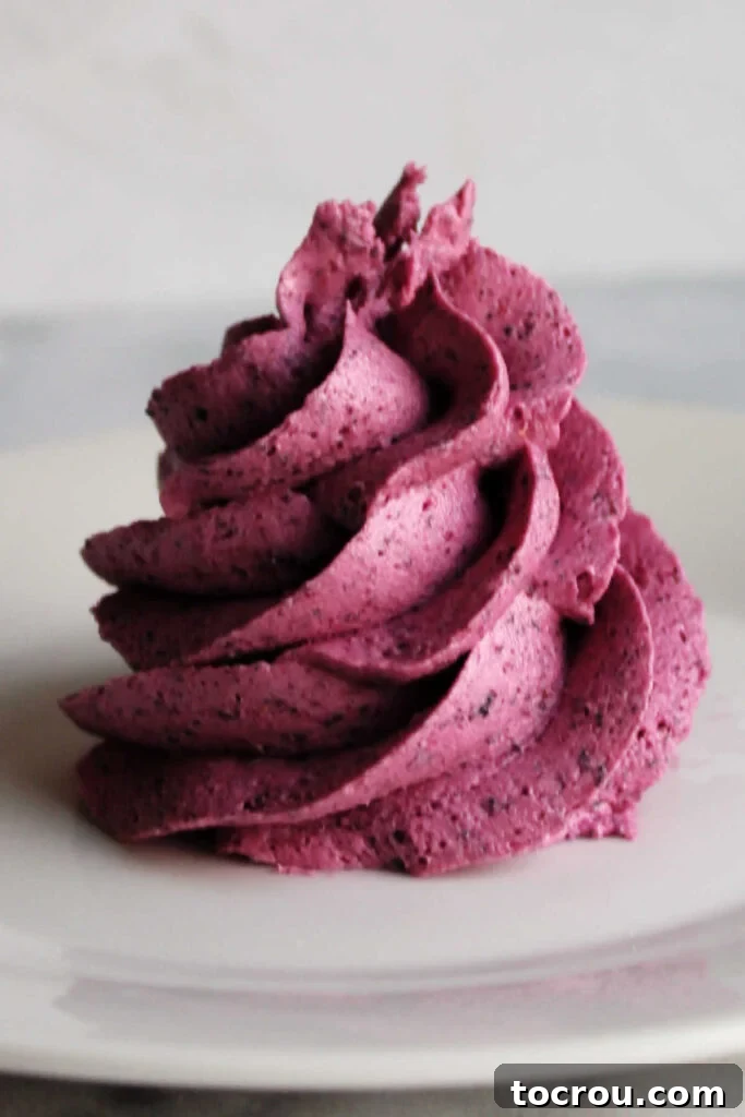 Swirl of deep purple blueberry buttercream piped onto plate.