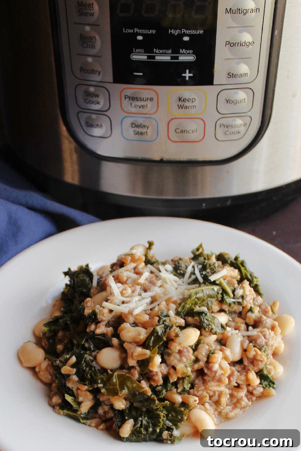 A beautifully plated serving of Instant Pot Sausage and Kale Farro, garnished with Parmesan cheese, in front of the pressure cooker. 