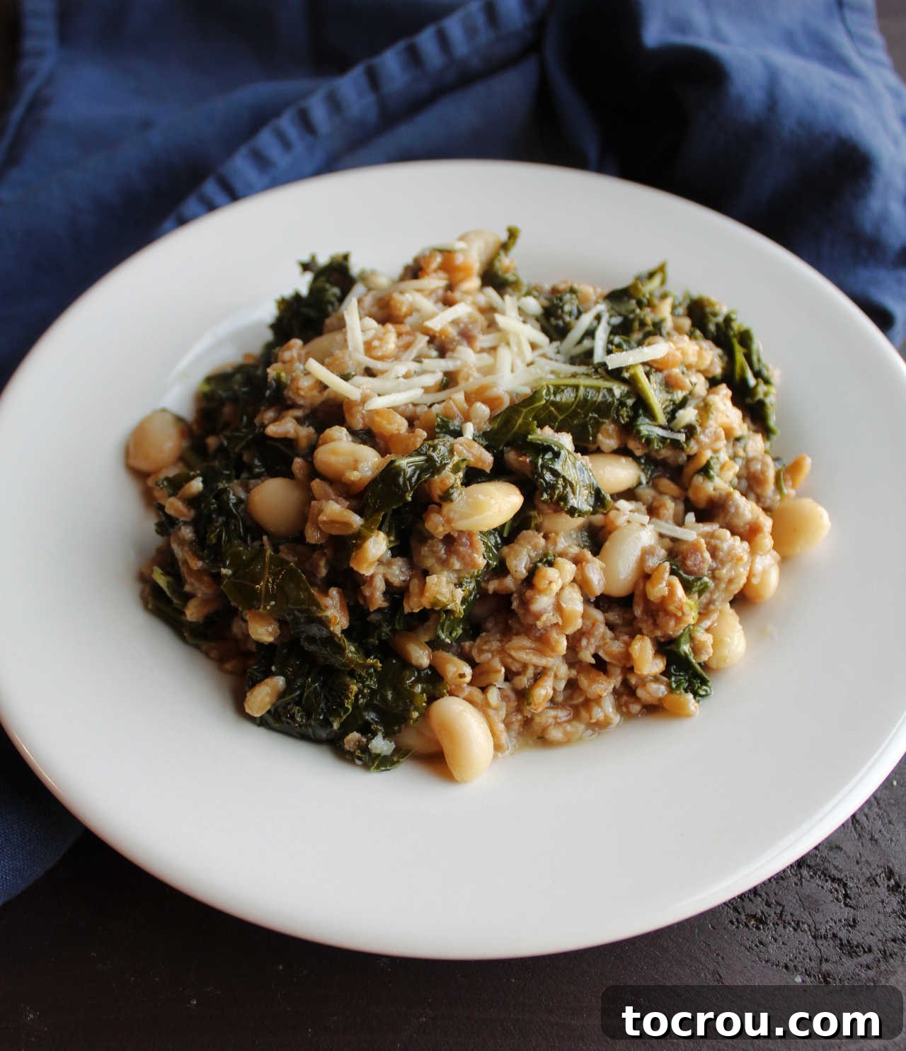 A close-up of a rustic plate filled with one-pot farro, featuring Italian sausage, vibrant kale, and creamy white beans, ready to be enjoyed.
