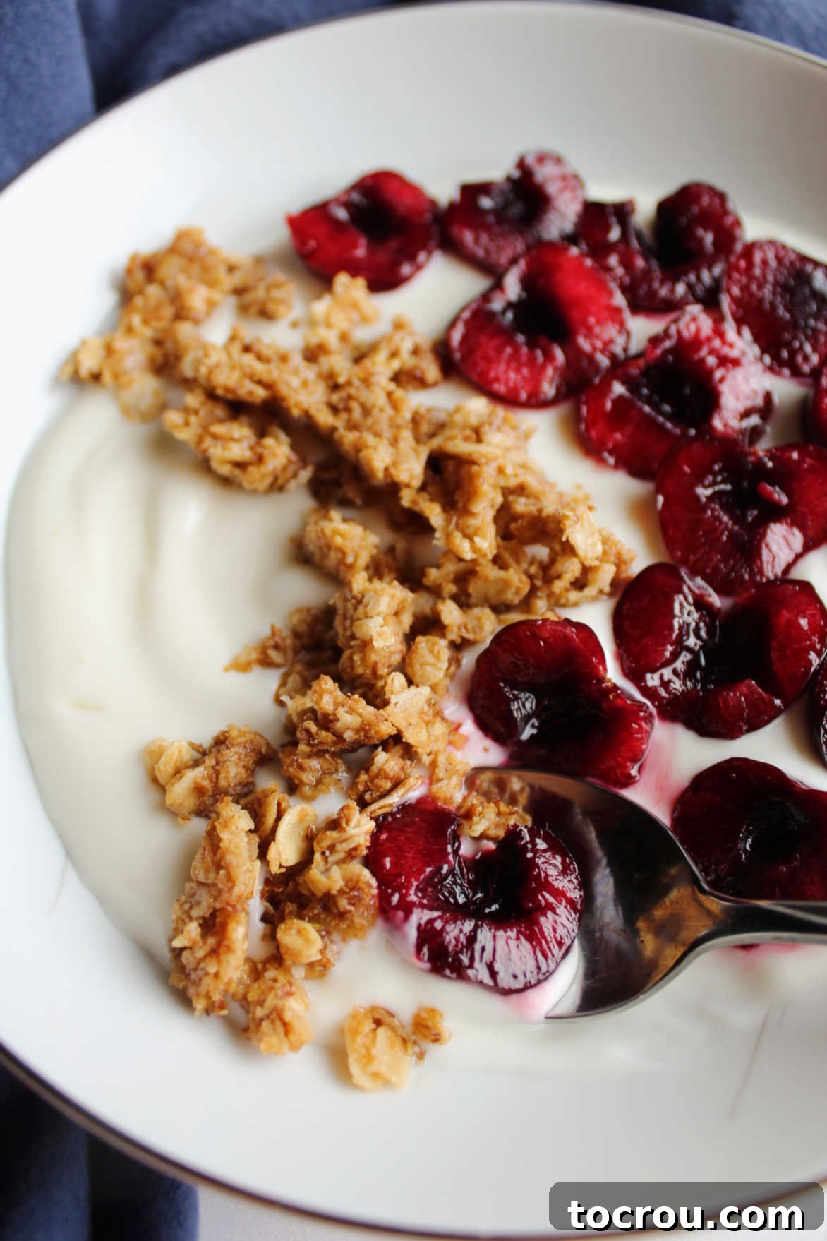 close up of bowl with yogurt, peanut butter granola and sweet cherries.