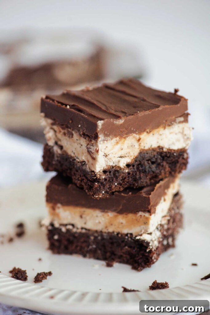 Twos squares of brownie with coffee frosting and a ganache layer on top, ready to eat.