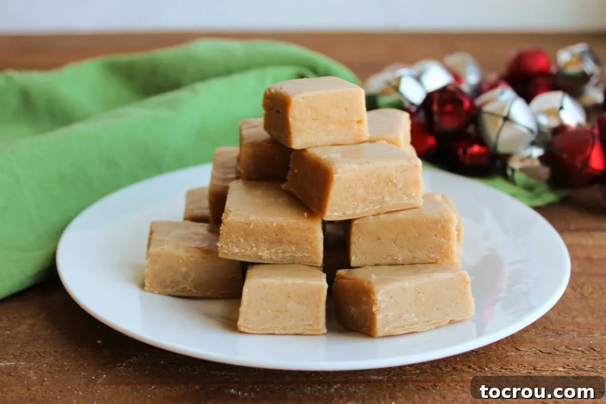 Delicious 3-Ingredient Peanut Butter Fudge Squares Pieces of homemade peanut butter fudge on small plate, ready to eat. The fudge squares are light brown, smooth, and appear very dense and creamy, indicating a perfect texture.