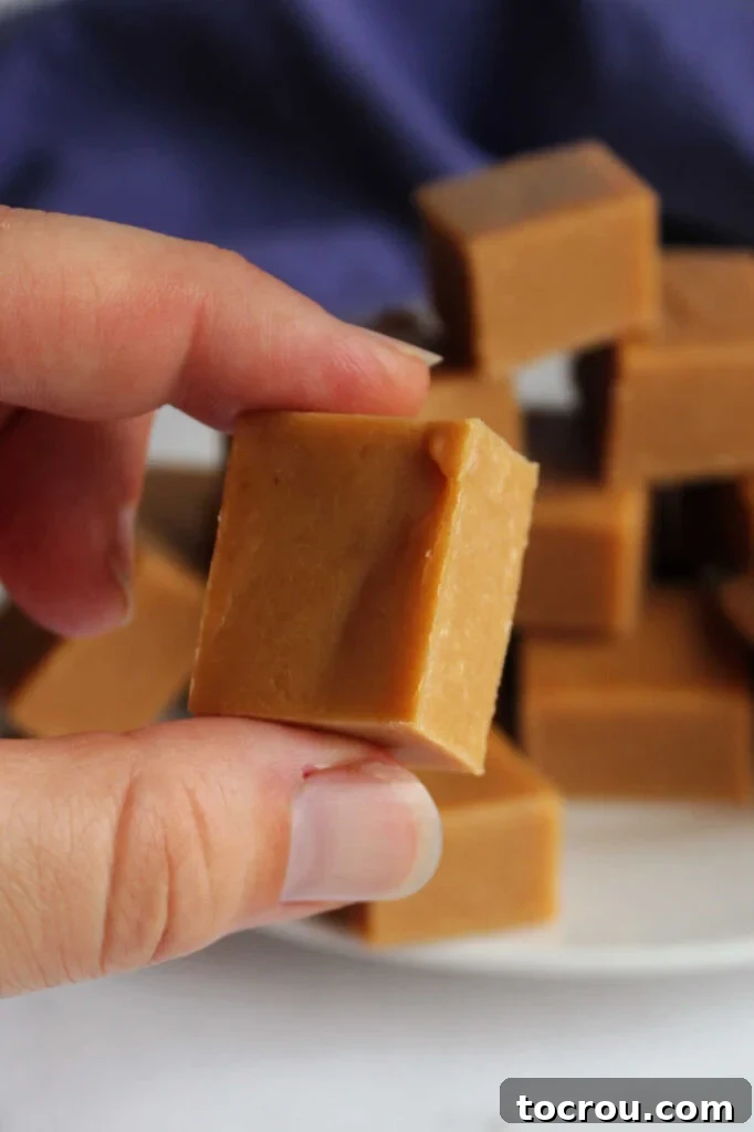 Holding a Piece of Fudge Fingers holding a piece of peanut butter fudge, showcasing its perfect bite-sized form and smooth texture.