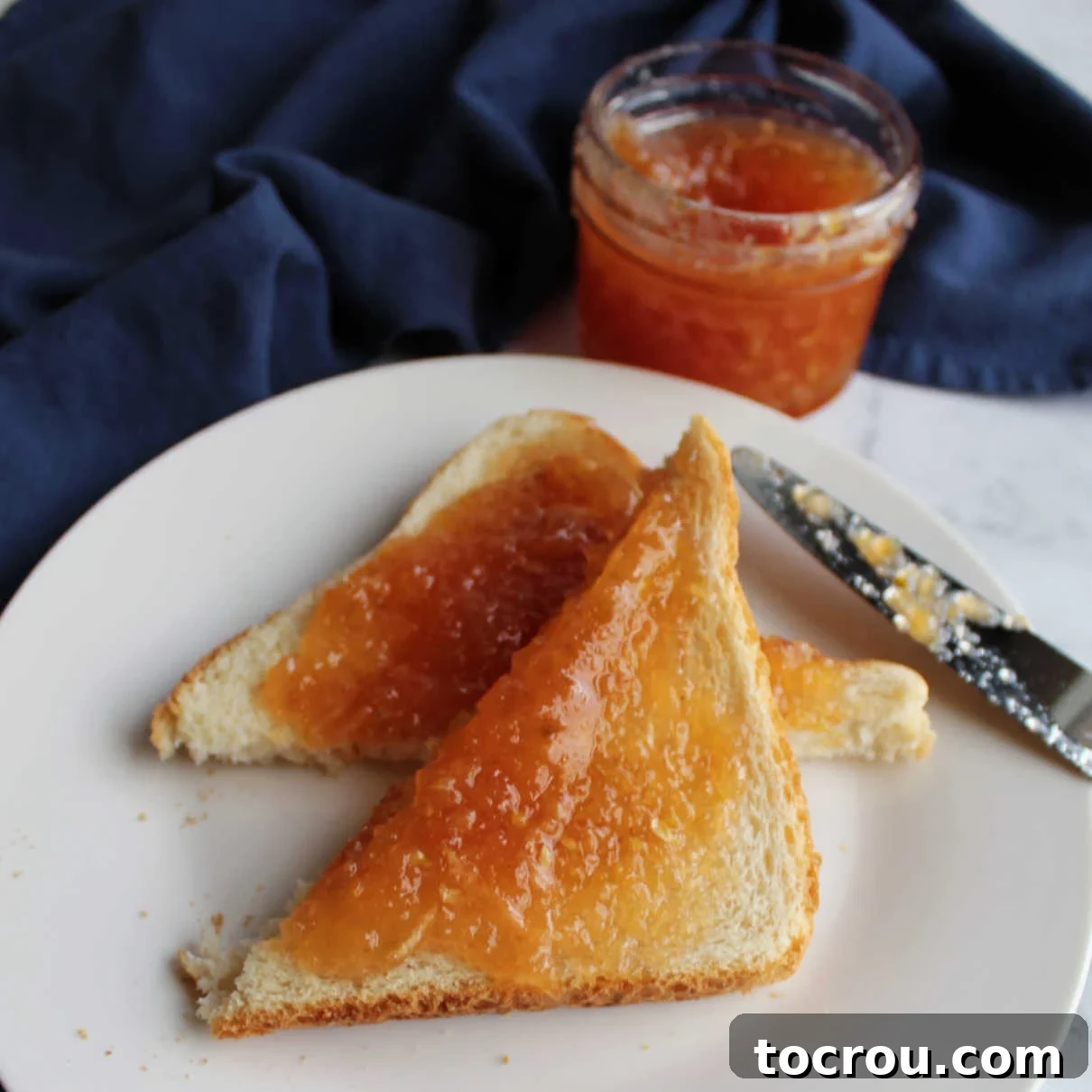Delicious Strawberry Zucchini Jam on Toast Close-up image of triangles of toast generously spread with homemade strawberry zucchini jam.