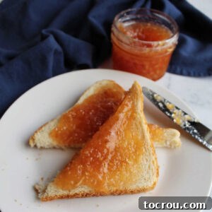 Strawberry Zucchini Jam on Toast Close triangles of toast with strawberry zucchini preserves spread over them.